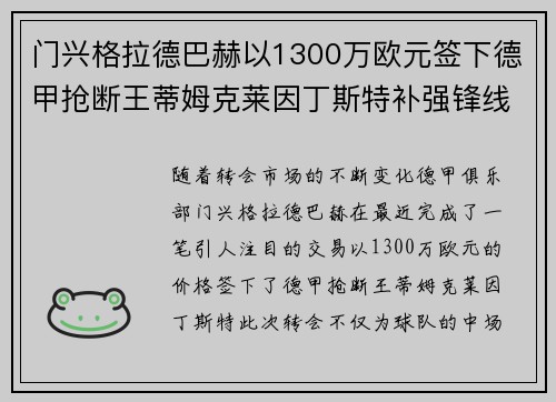 门兴格拉德巴赫以1300万欧元签下德甲抢断王蒂姆克莱因丁斯特补强锋线
